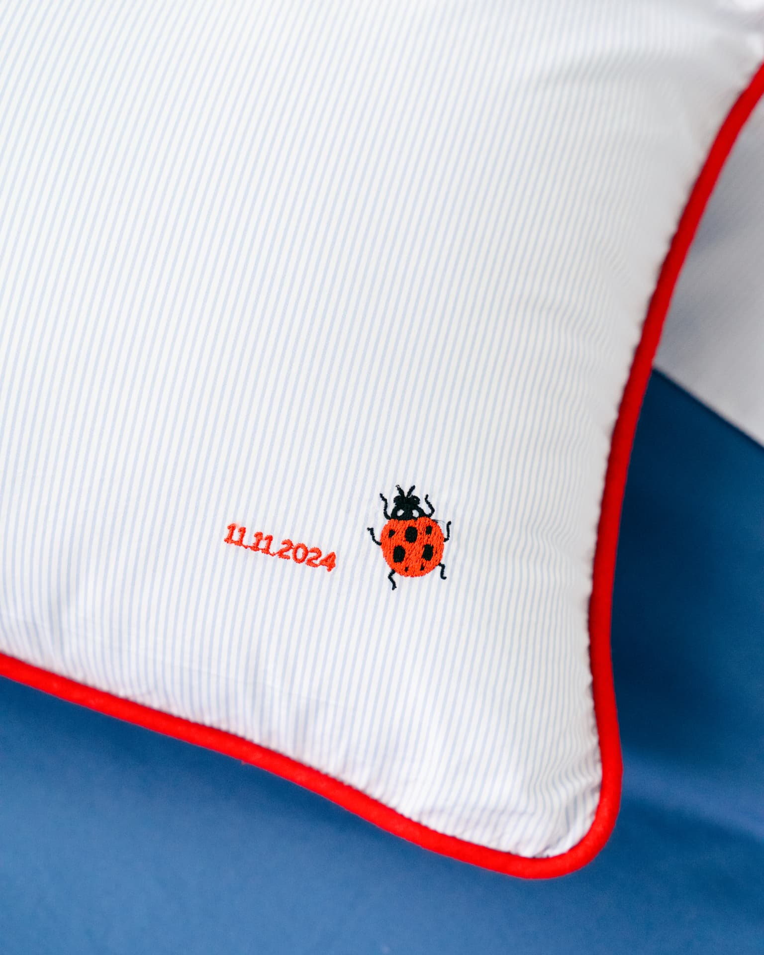 Bluebird decorative cushion with ladybug embroidery and date, close-up on blue bedding